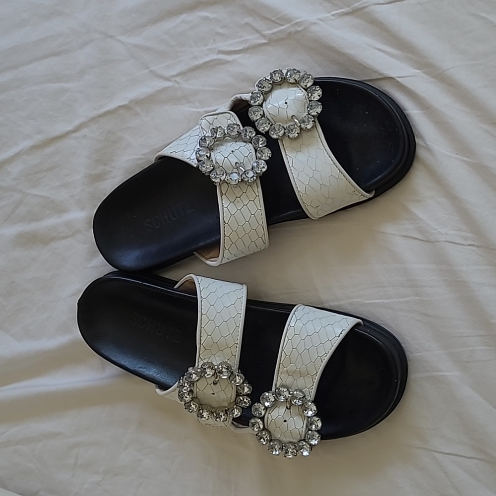 Schutz Leather Jewel Slide Sandals
